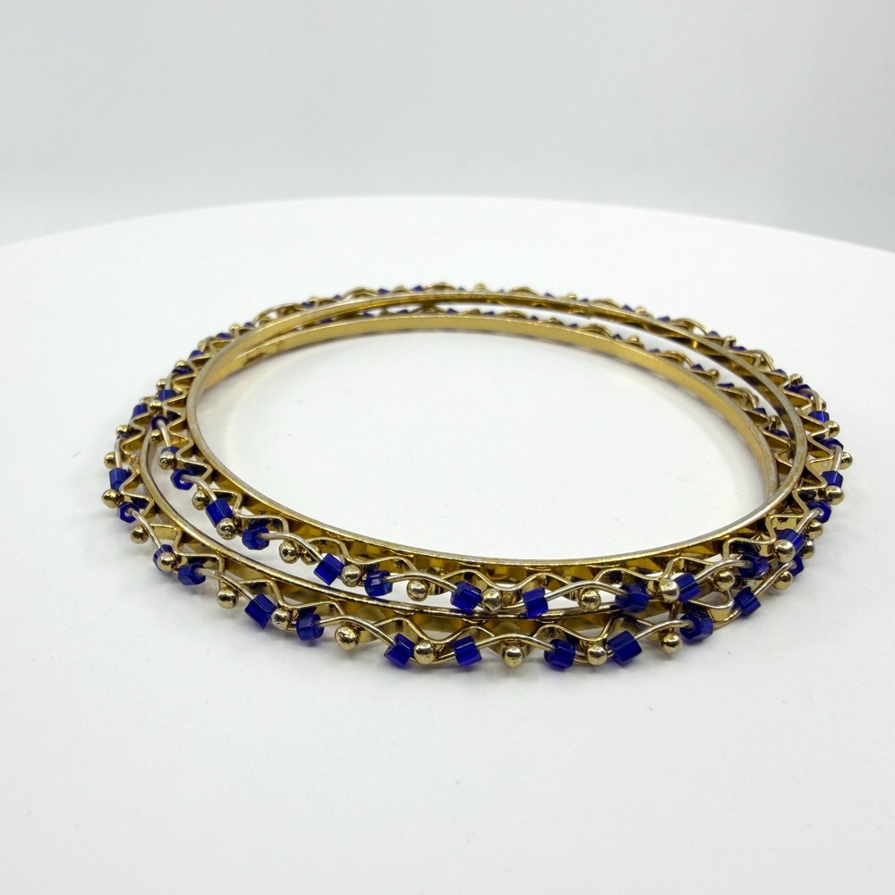 Y2K Gold Tone Blue Bead Bangle Bracelet Set - Bohemian Chic Stack